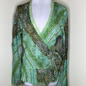 Alberto Makali Wrap Top LARGE Green Artsy V-Neck Long Sleeve Crinkle Tie Lace
